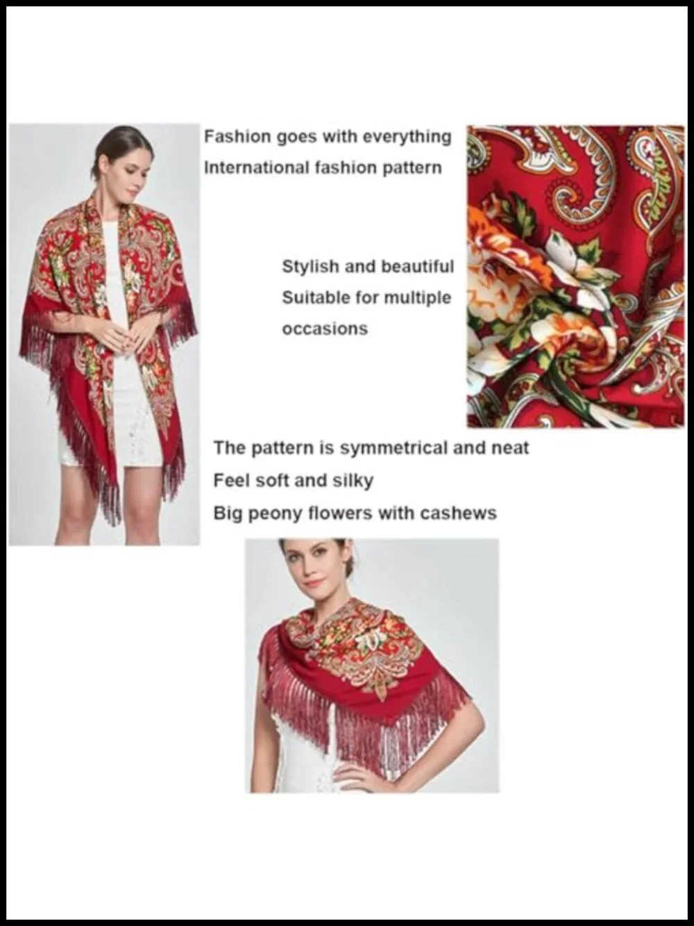 Women Fringed Shawl Wrap Retro Tassel Scarf Cotton Polyester Floral Large Square